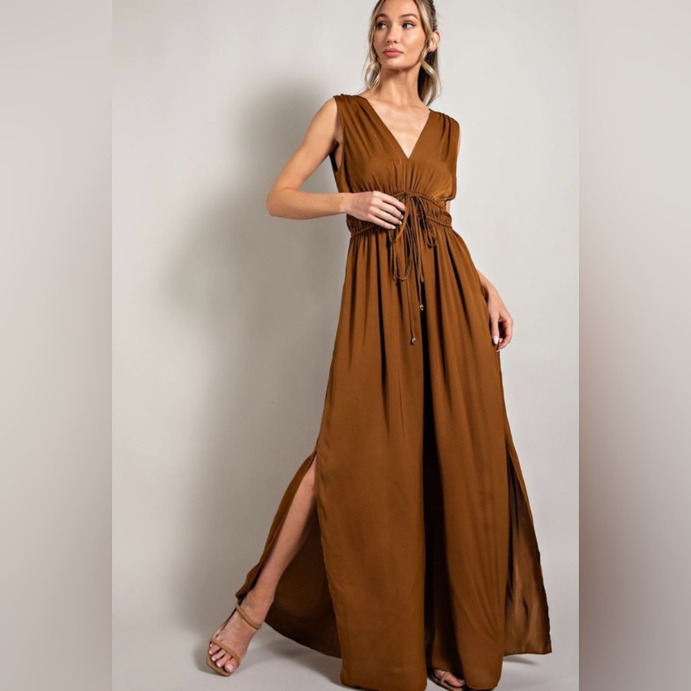 Womans Camel Silky Jumpsuit